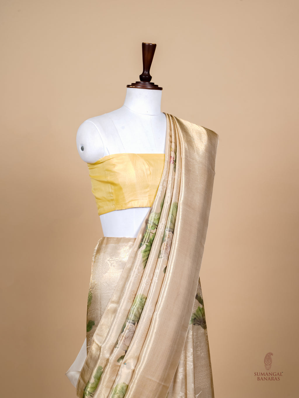 Handwoven Beige Banarasi Mashru Silk Saree