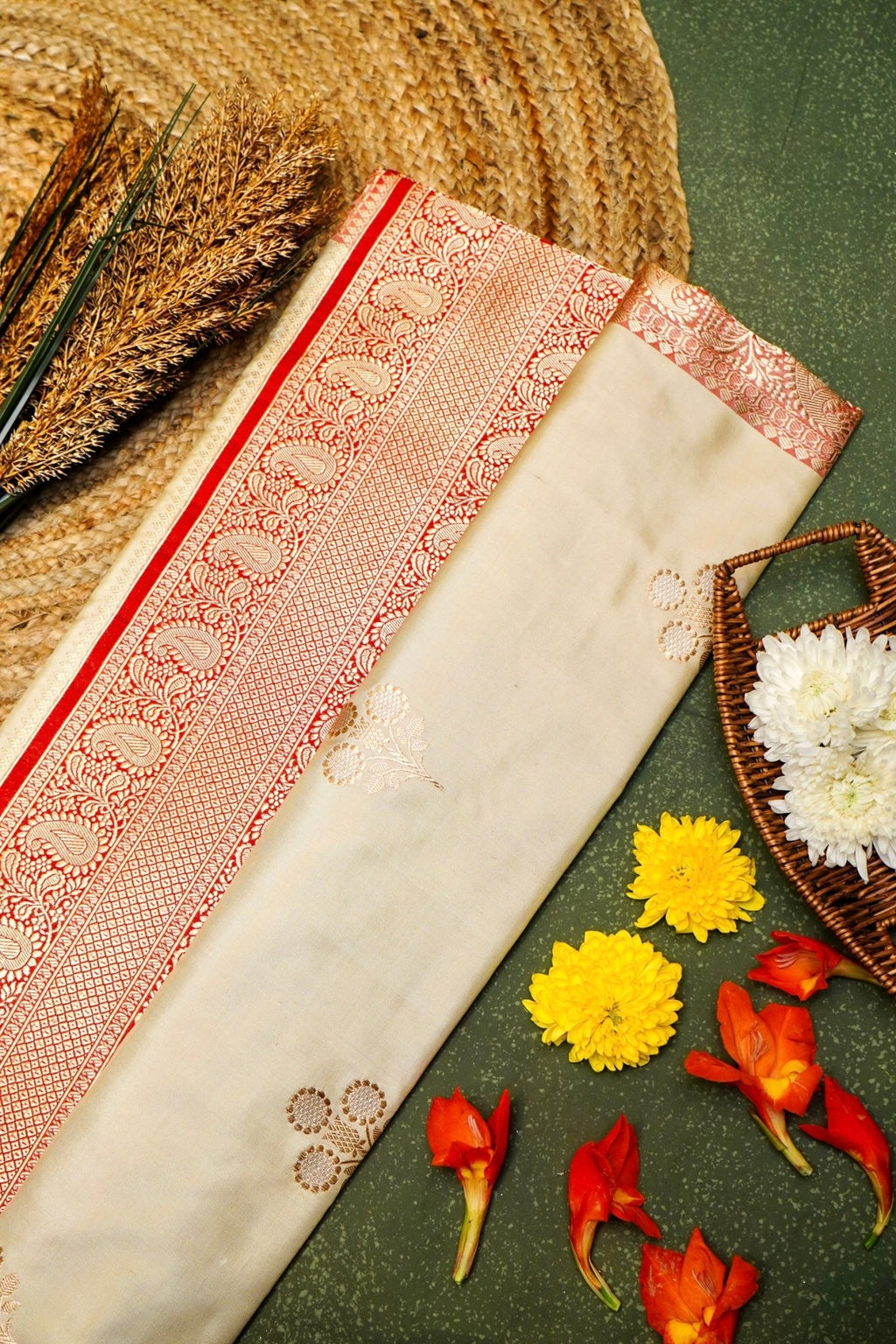 Handwoven Beige Banarasi Katan Silk Saree