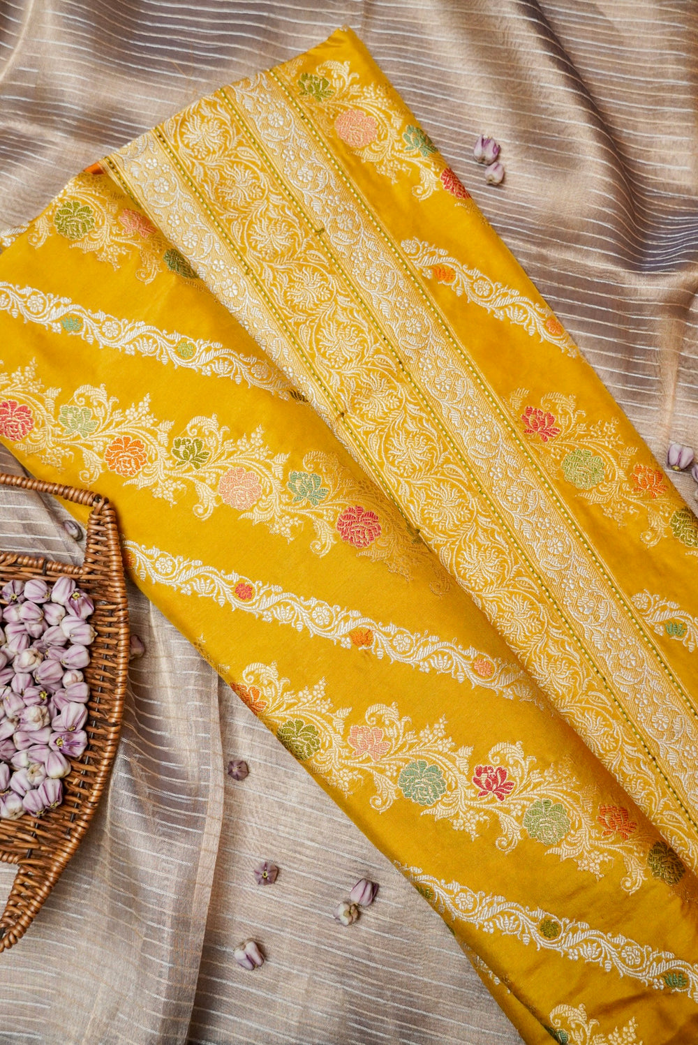 Handwoven Mustard Yellow Banarasi Katan Silk Saree