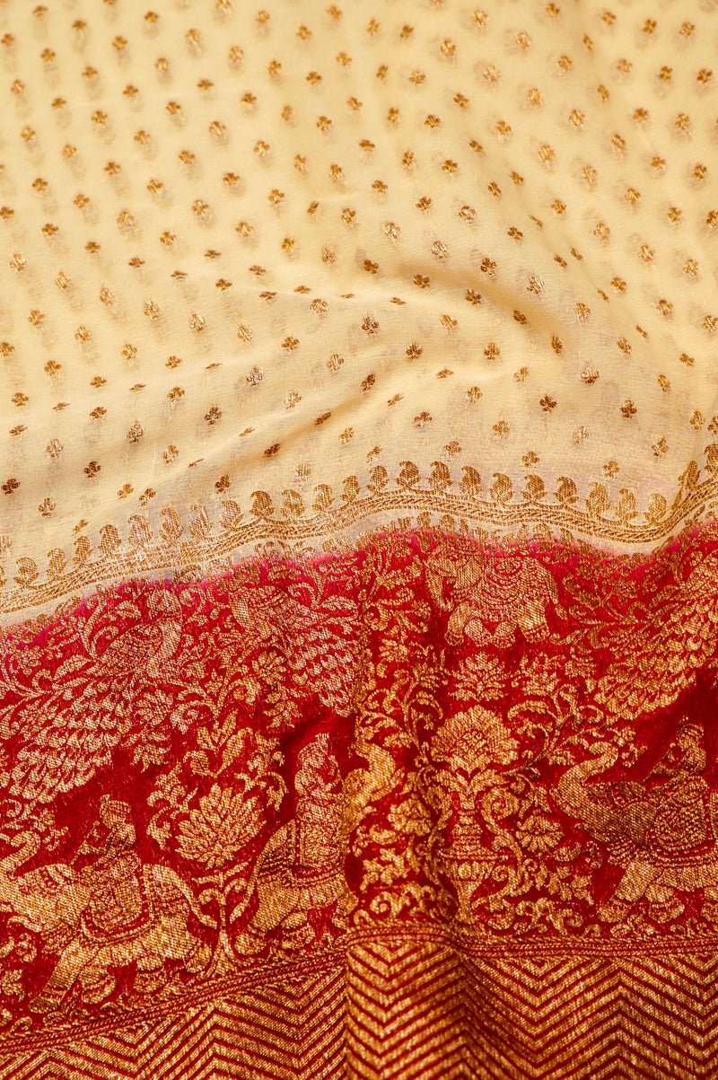 Handwoven Off White Banarasi Crepe Georgette Saree