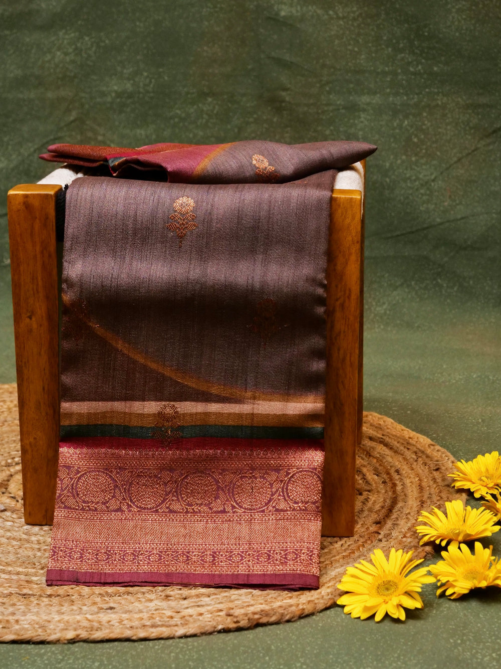 Handwoven Brown Banarasi Tussar Silk Saree