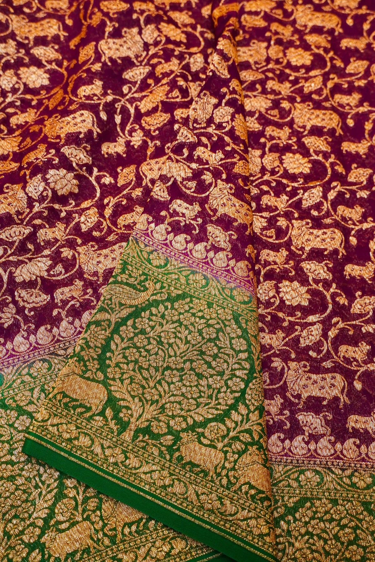 Handwoven Wine Banarasi Khaddi Georgette Saree