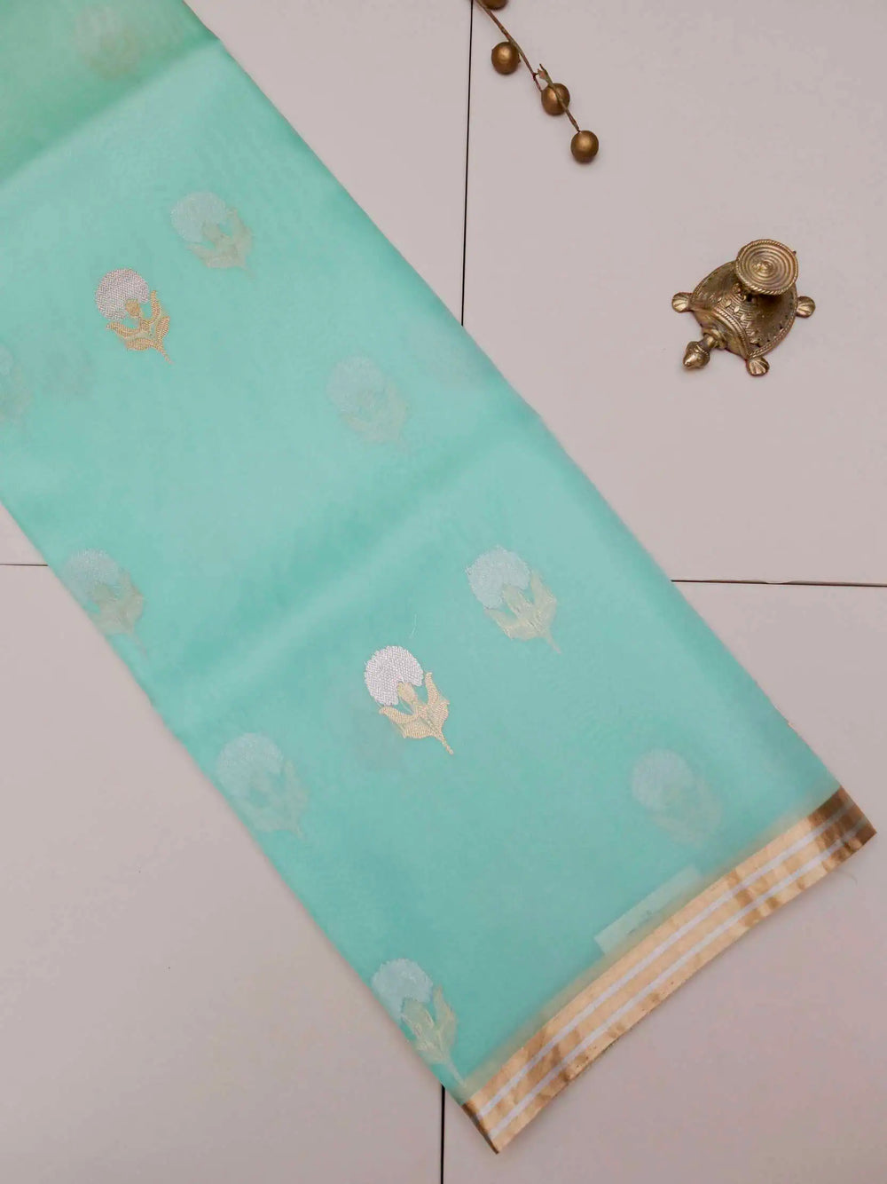 Handwoven Aqua Green Banarasi Kora Silk Saree