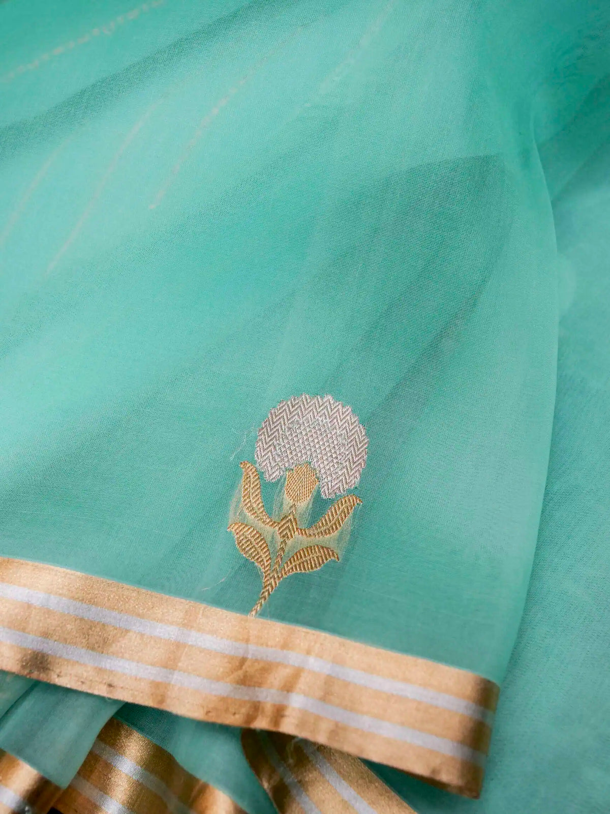 Handwoven Aqua Green Banarasi Kora Silk Saree