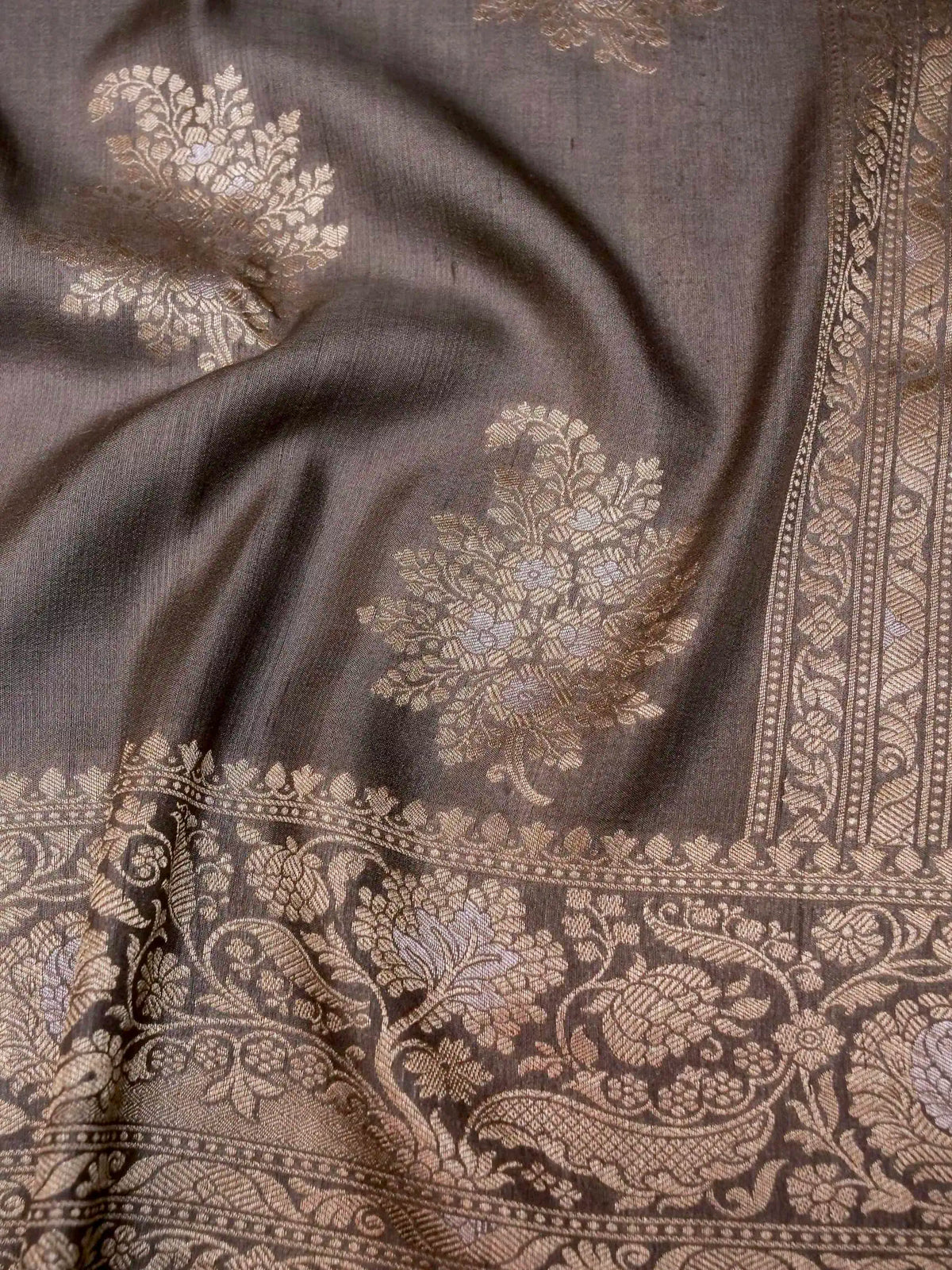Handwoven Dark Grey Banarasi Tussar Silk Saree