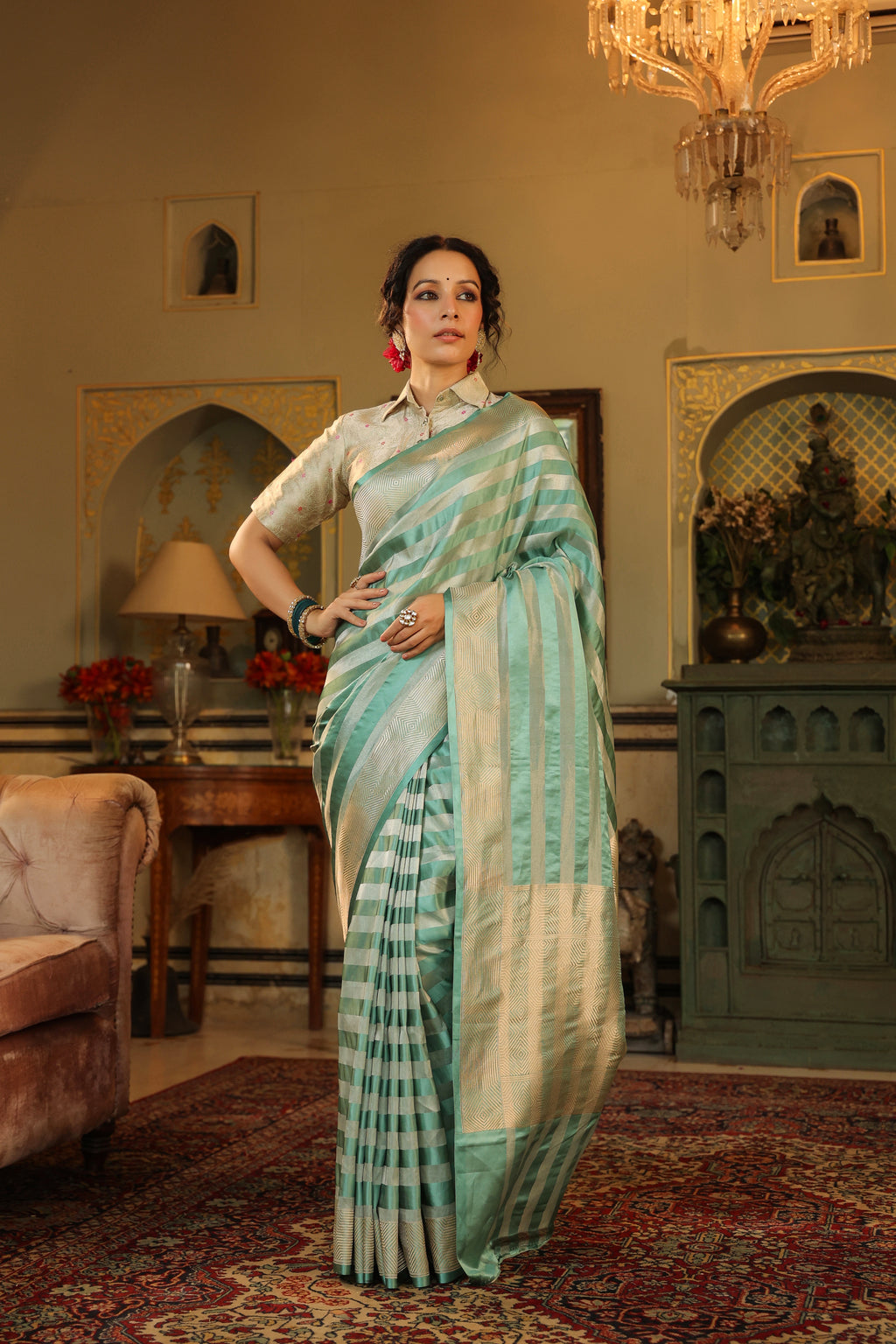 Handwoven Turquoise Green Banarasi Mashru Silk Saree