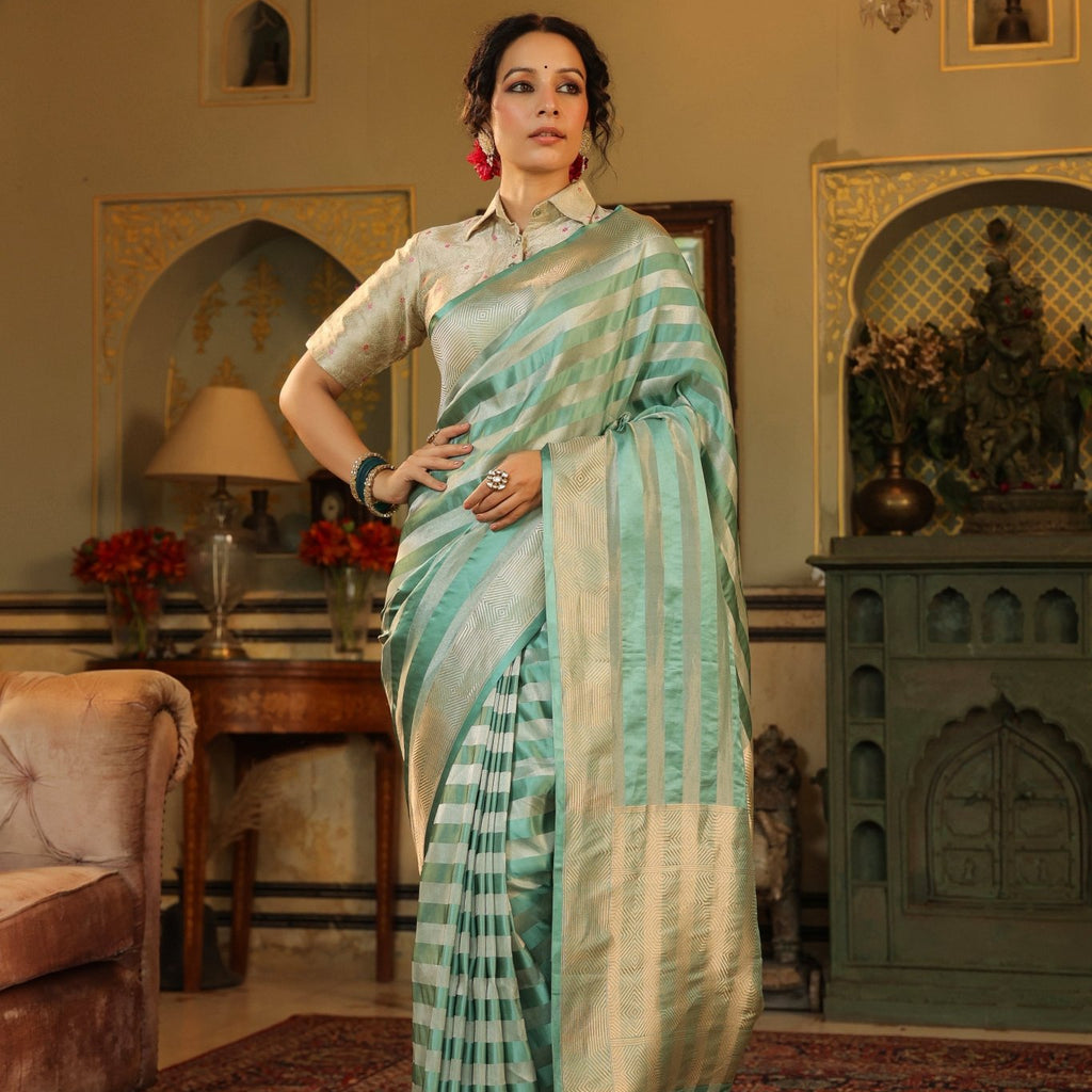 Handwoven Turquoise Green Banarasi Mashru Silk Saree