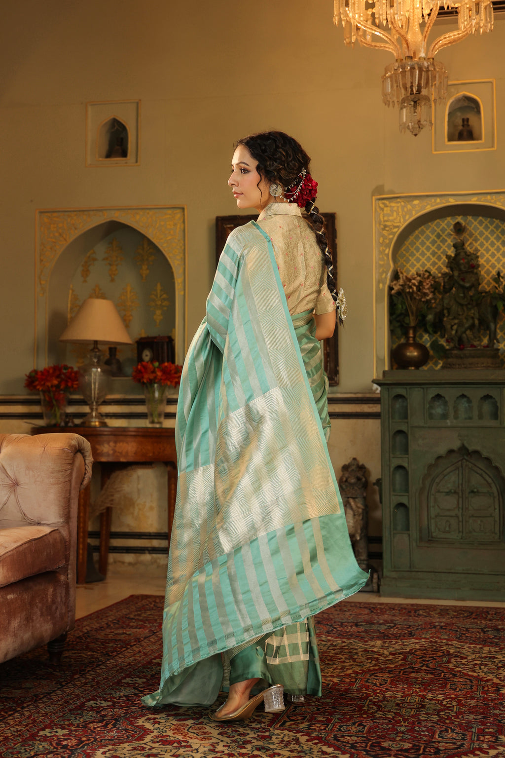 Handwoven Turquoise Green Banarasi Mashru Silk Saree