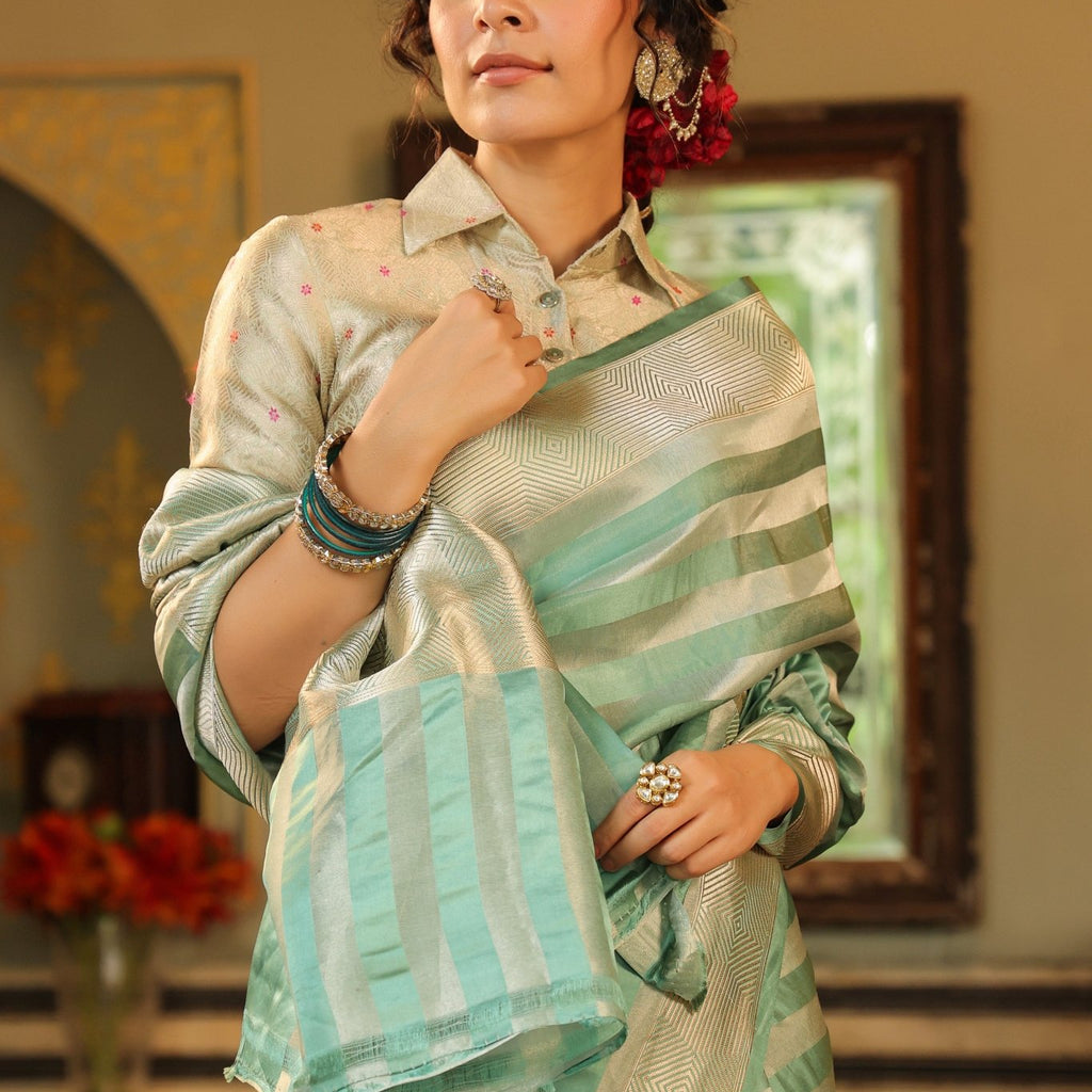 Handwoven Turquoise Green Banarasi Mashru Silk Saree