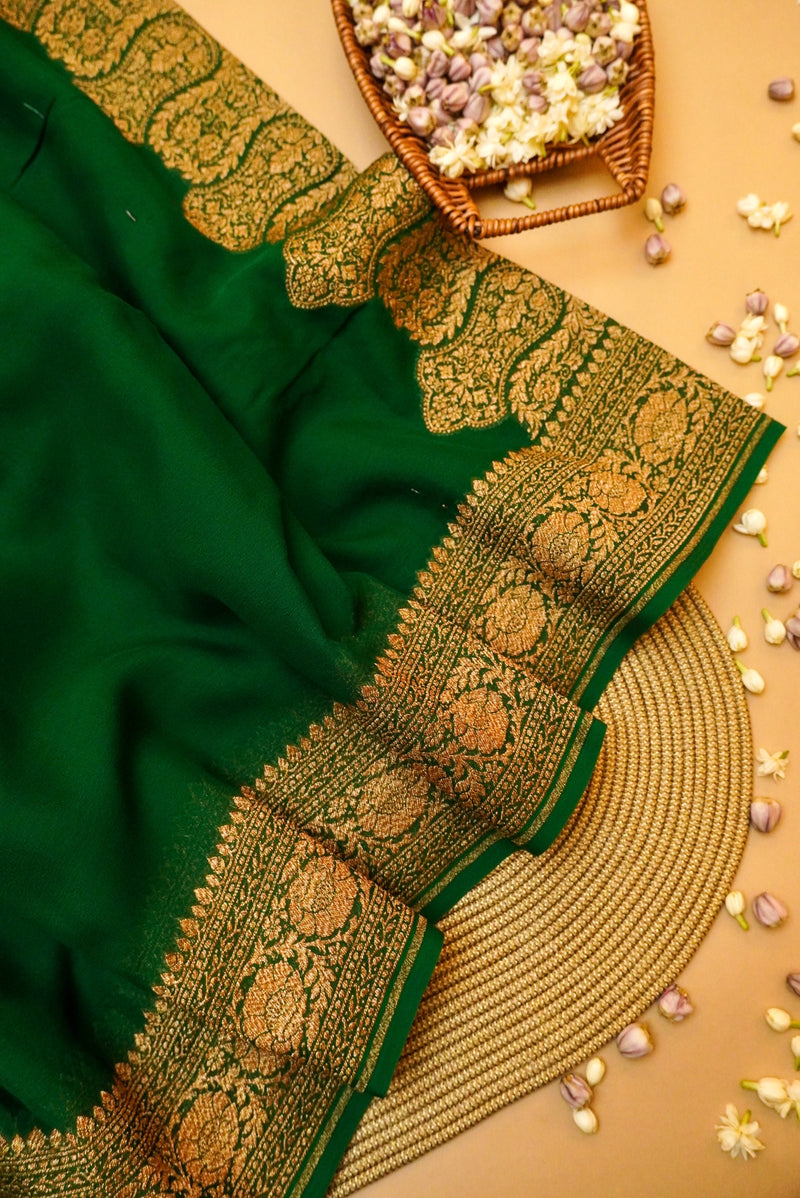 Handwoven Green Banarasi Crepe Georgette Saree