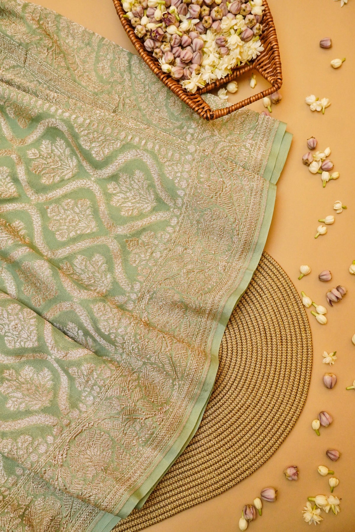 Handwoven Green Banarasi Khaddi Georgette Saree