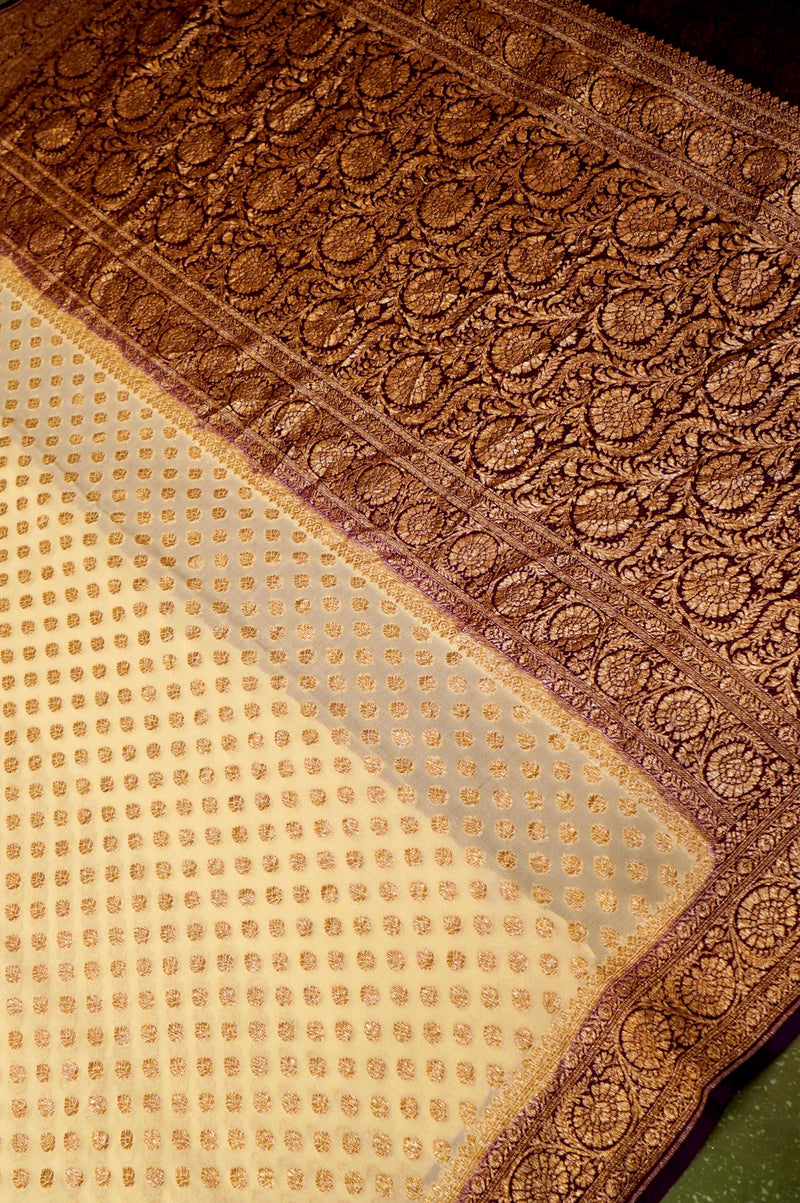 Handwoven Ivory Banarasi Crepe Georgette Saree