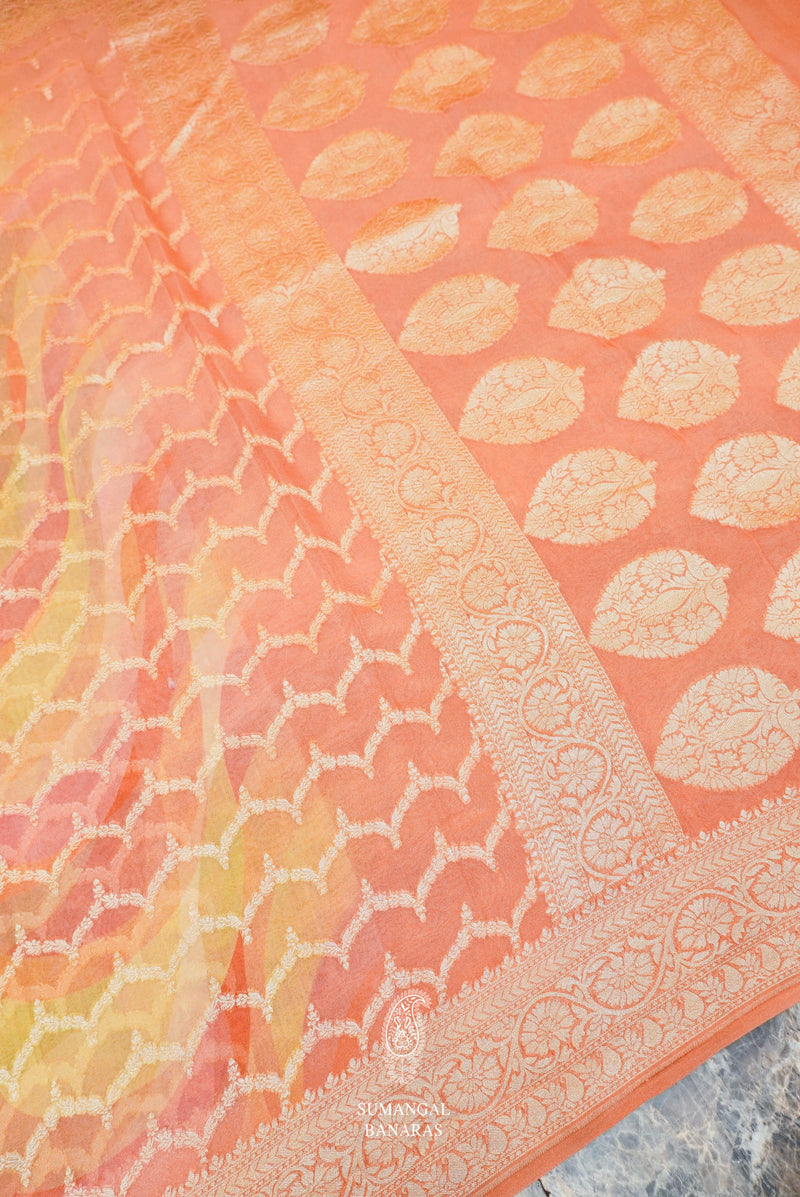 Handwoven Peach  Banarasi Khaddi Georgette Silk Saree