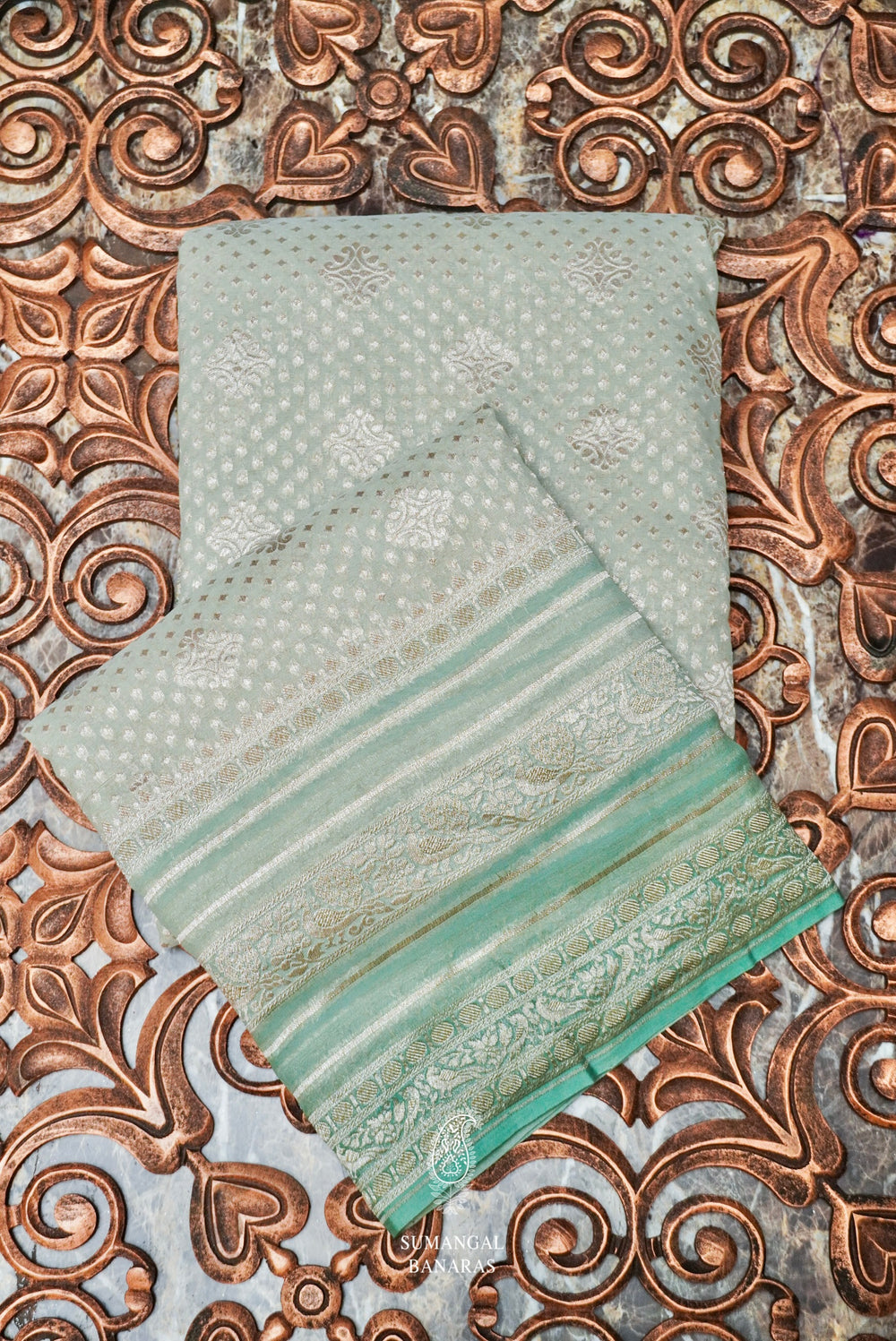 Handwoven Pale Turquoise Green Banarasi Khaddi Georgette Silk Saree