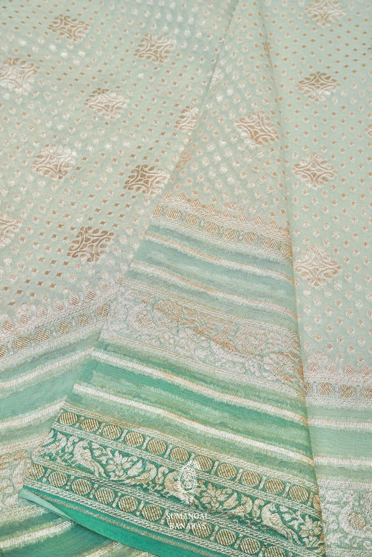 Handwoven Pale Turquoise Green Banarasi Khaddi Georgette Silk Saree