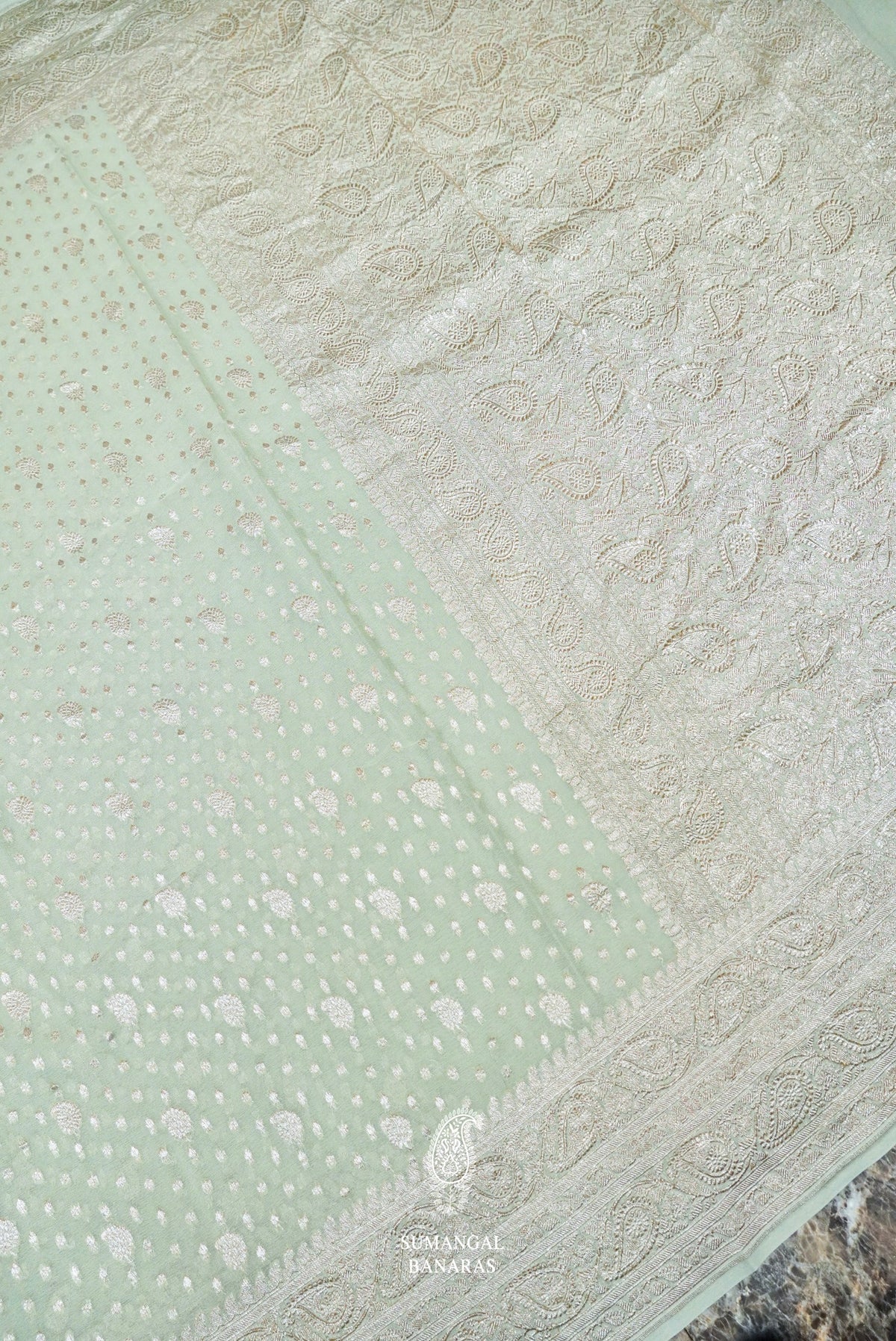 Handwoven Pale Turquoise Green Khaddi Georgette Silk Saree