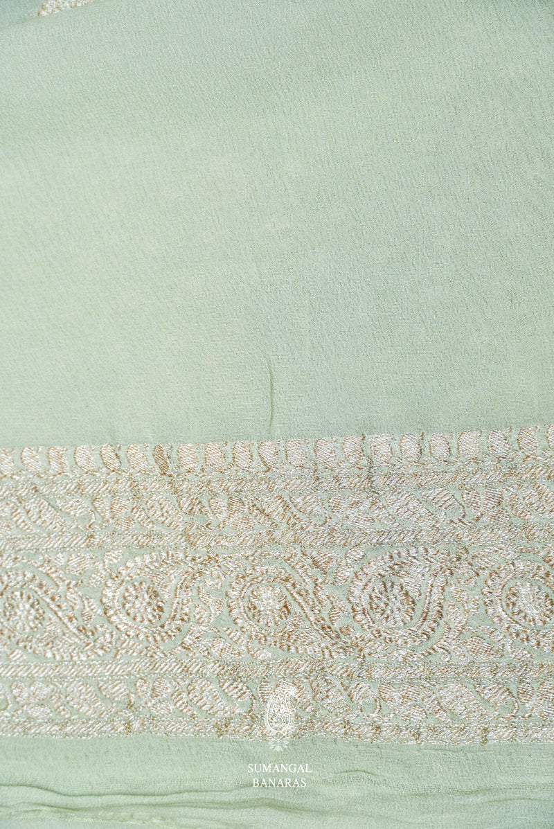 Handwoven Pale Turquoise Green Khaddi Georgette Silk Saree