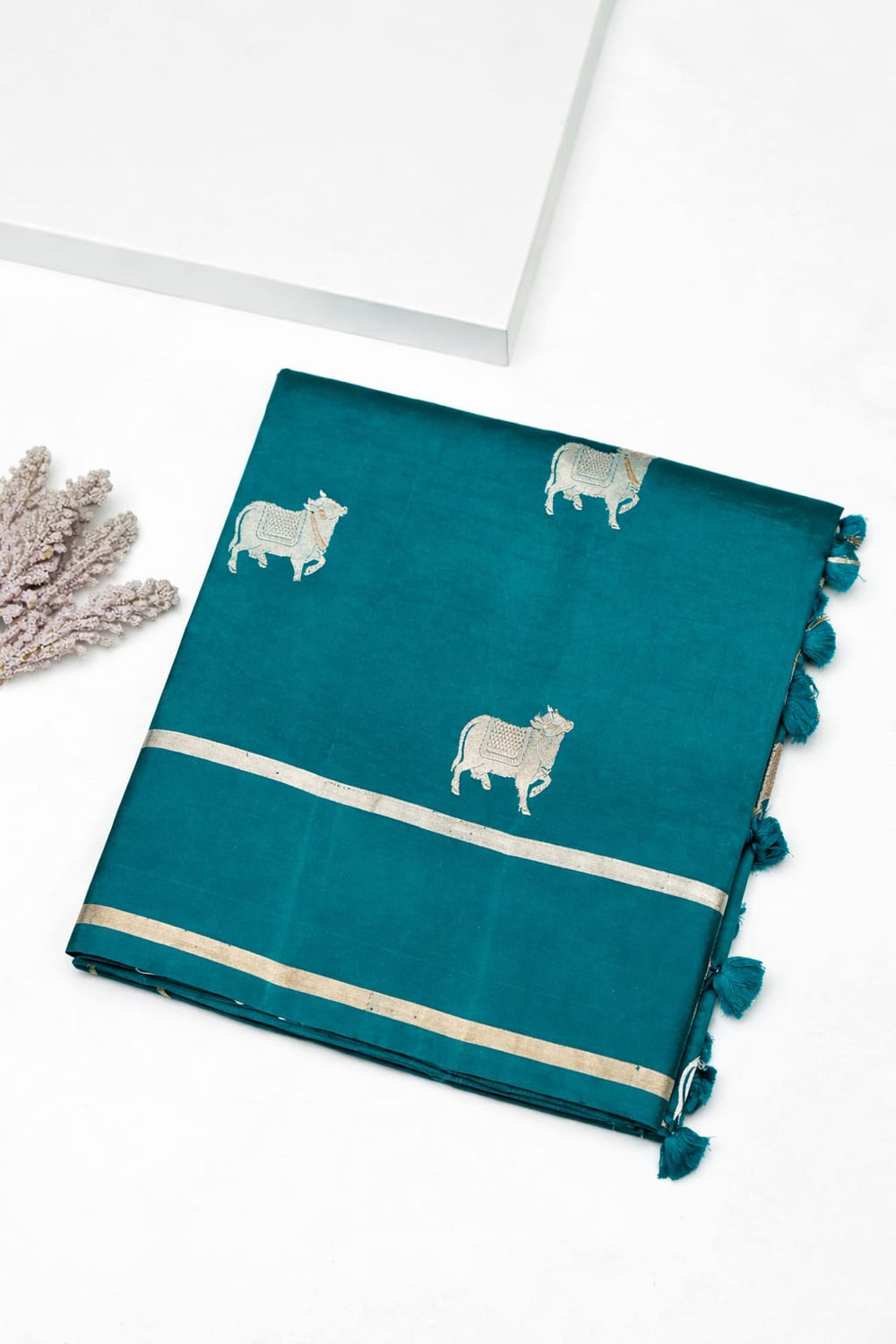 Handwoven Teal Blue Motif Banarasi Katan Soft Silk Saree