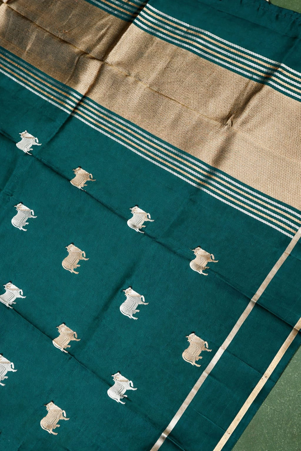 Handwoven Teal Blue Motif Banarasi Katan Soft Silk Saree
