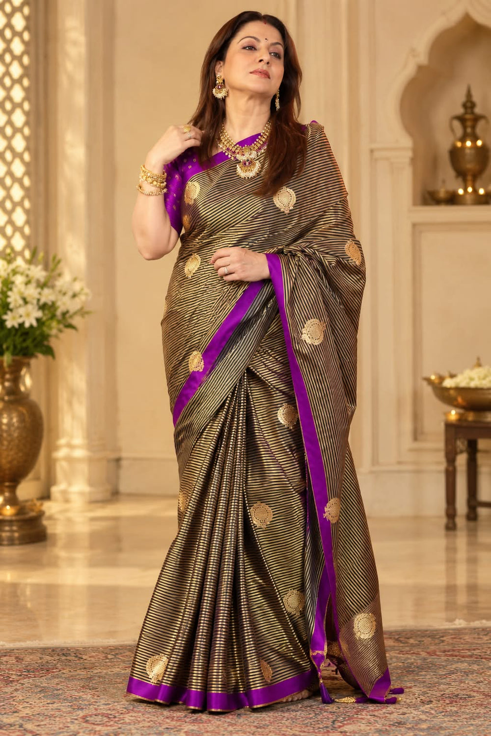Jade Black Stripe Motif Mashru Silk Handwoven Banarasi Saree