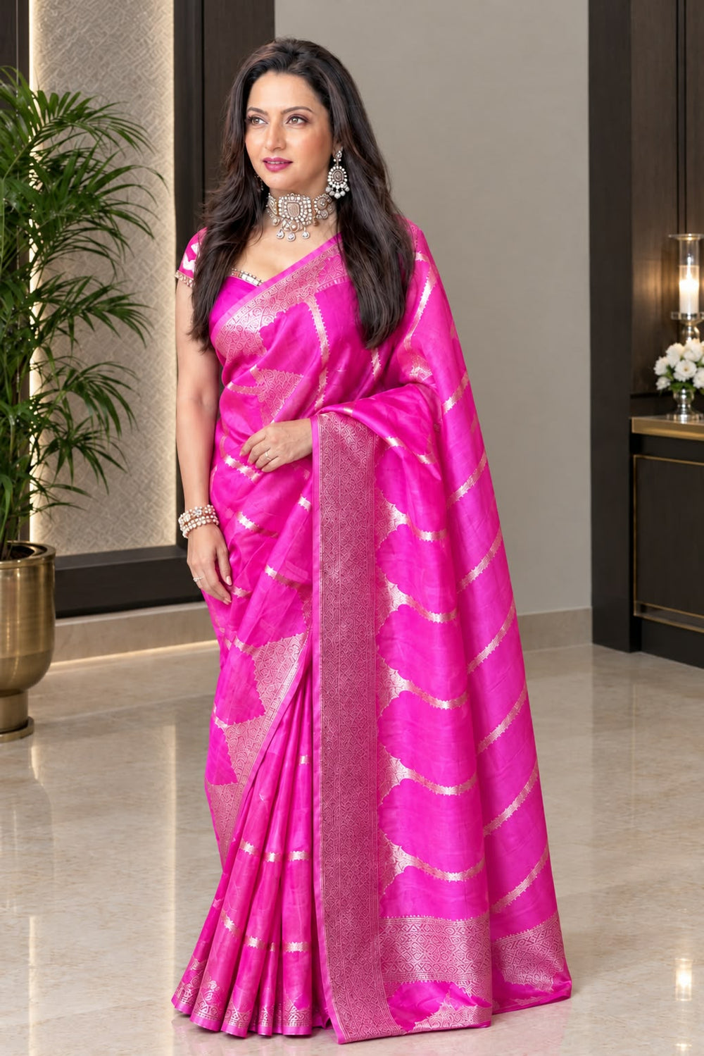 Fuchsia Pink Stripe Breezy Organza Handwoven Banarasi Saree