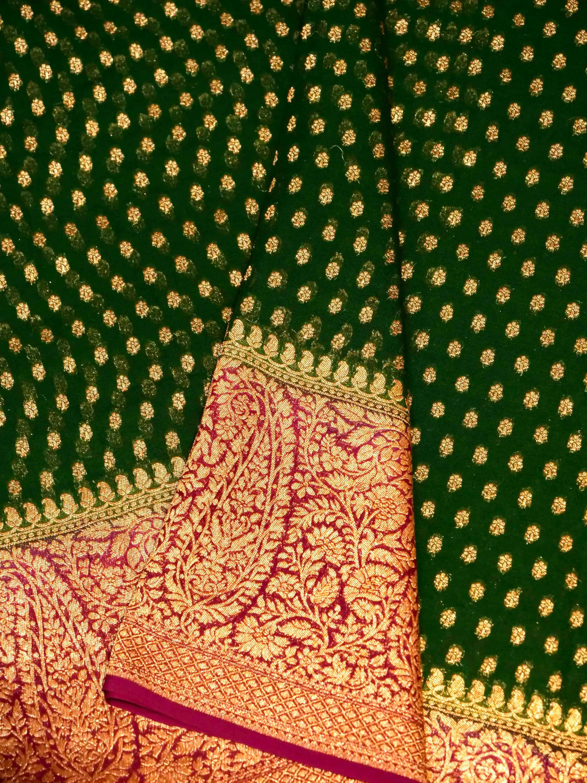 Handwoven Green & Red Banaras Crepe Silk Saree