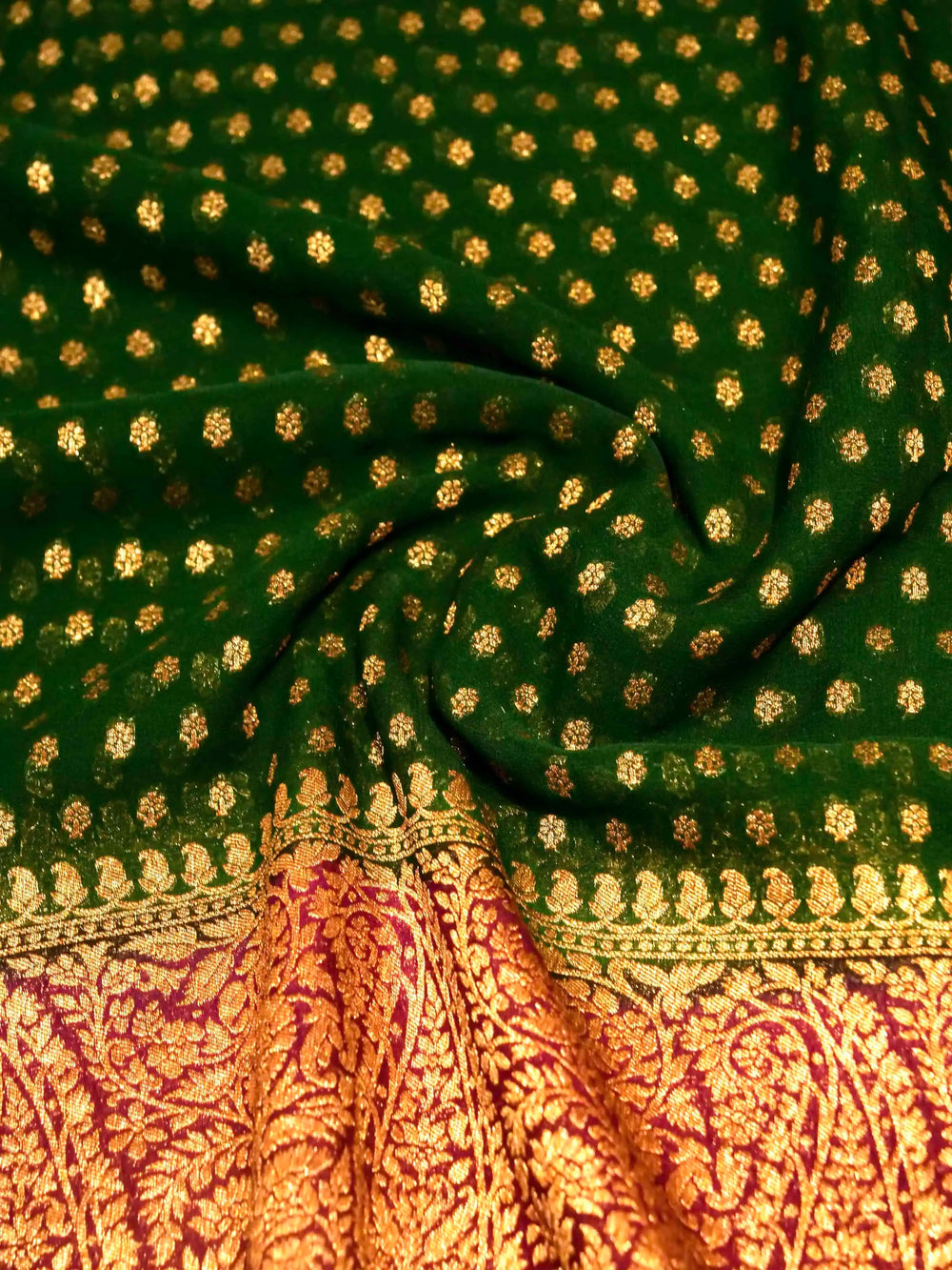 Handwoven Green & Red Banaras Crepe Silk Saree