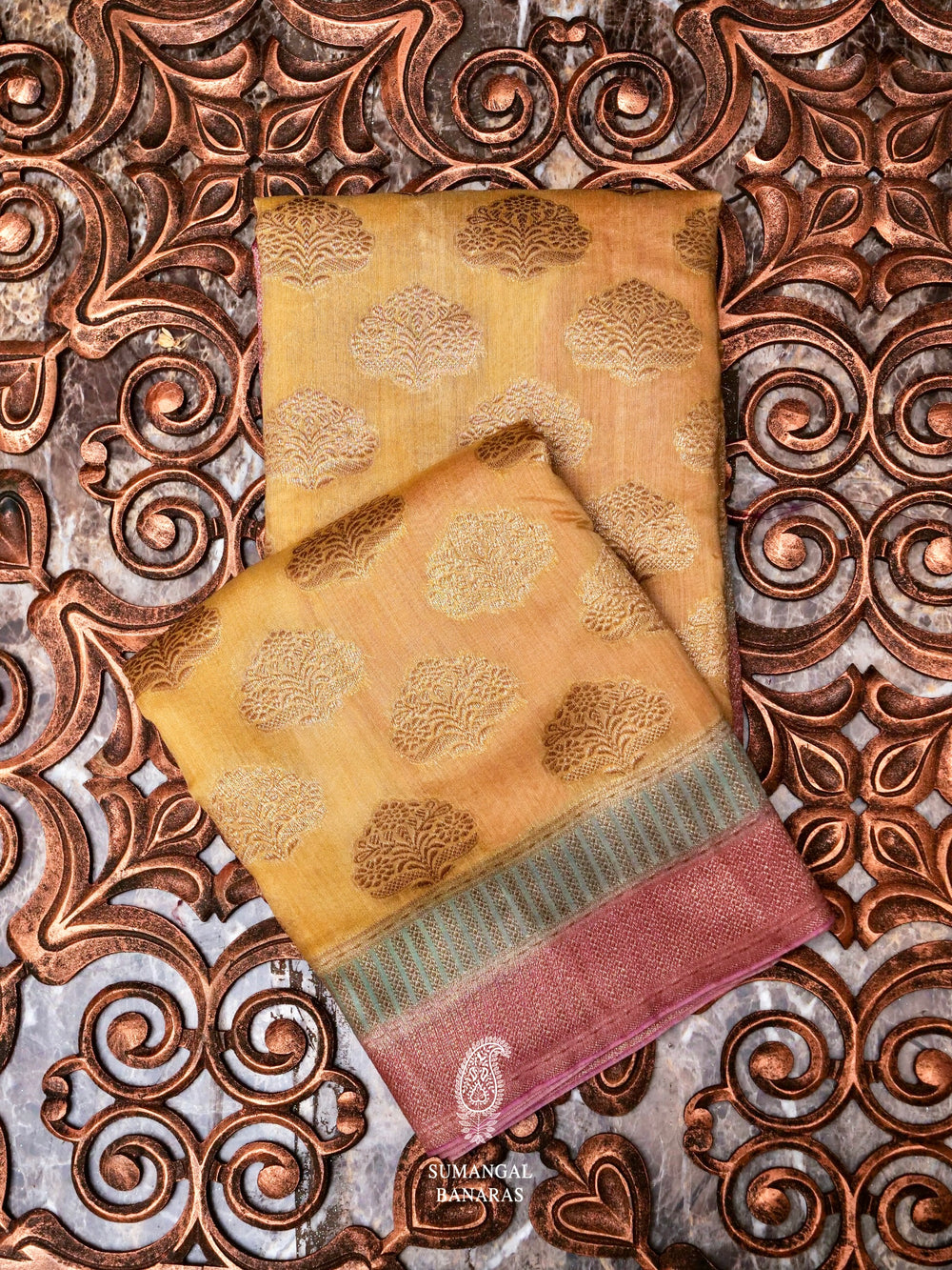 Handwoven Mustard Yellow Banarasi Tussar Silk Saree