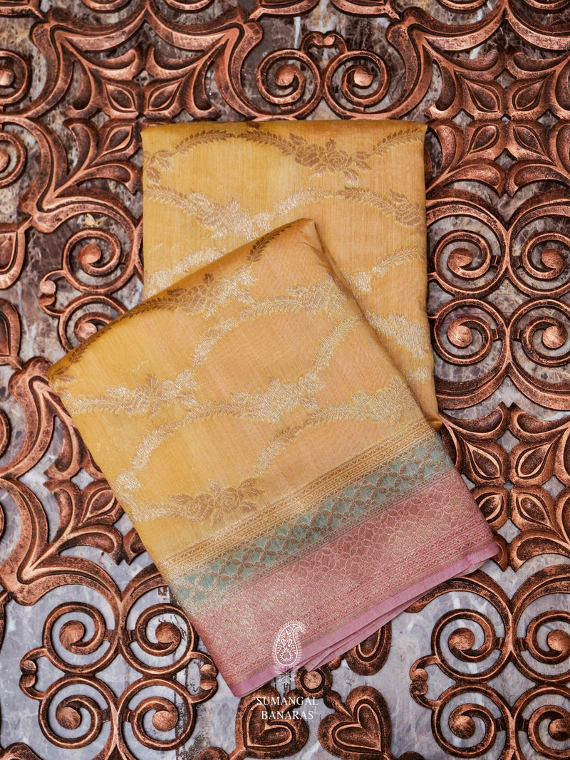 Handwoven Mustard Yellow Banarasi Tussar Silk Saree