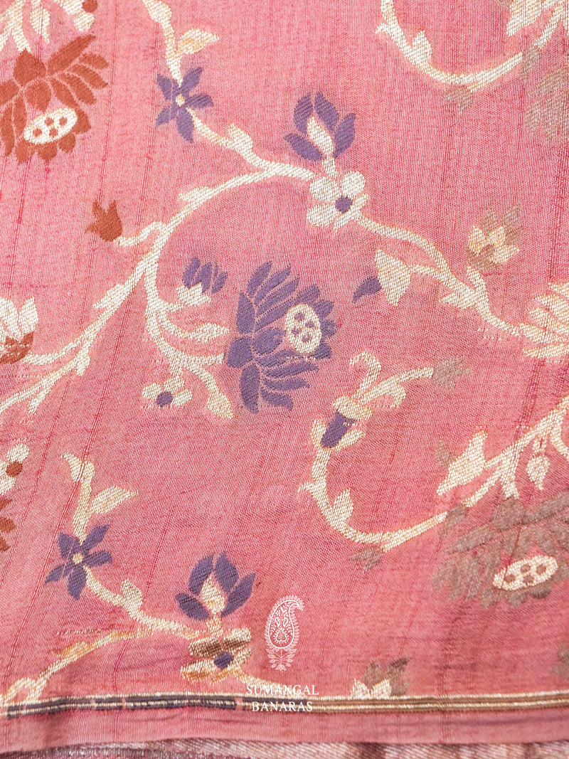 Handwoven Pink Banarasi Silver Tussar Silk Saree