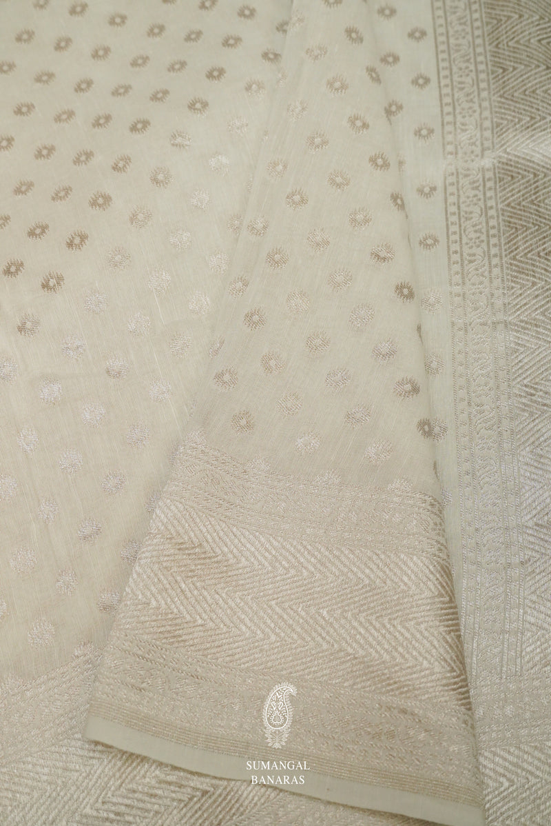 Handwoven White Banarasi Linen Saree