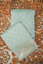 Handwoven Aqua Green Banarasi Linen Saree