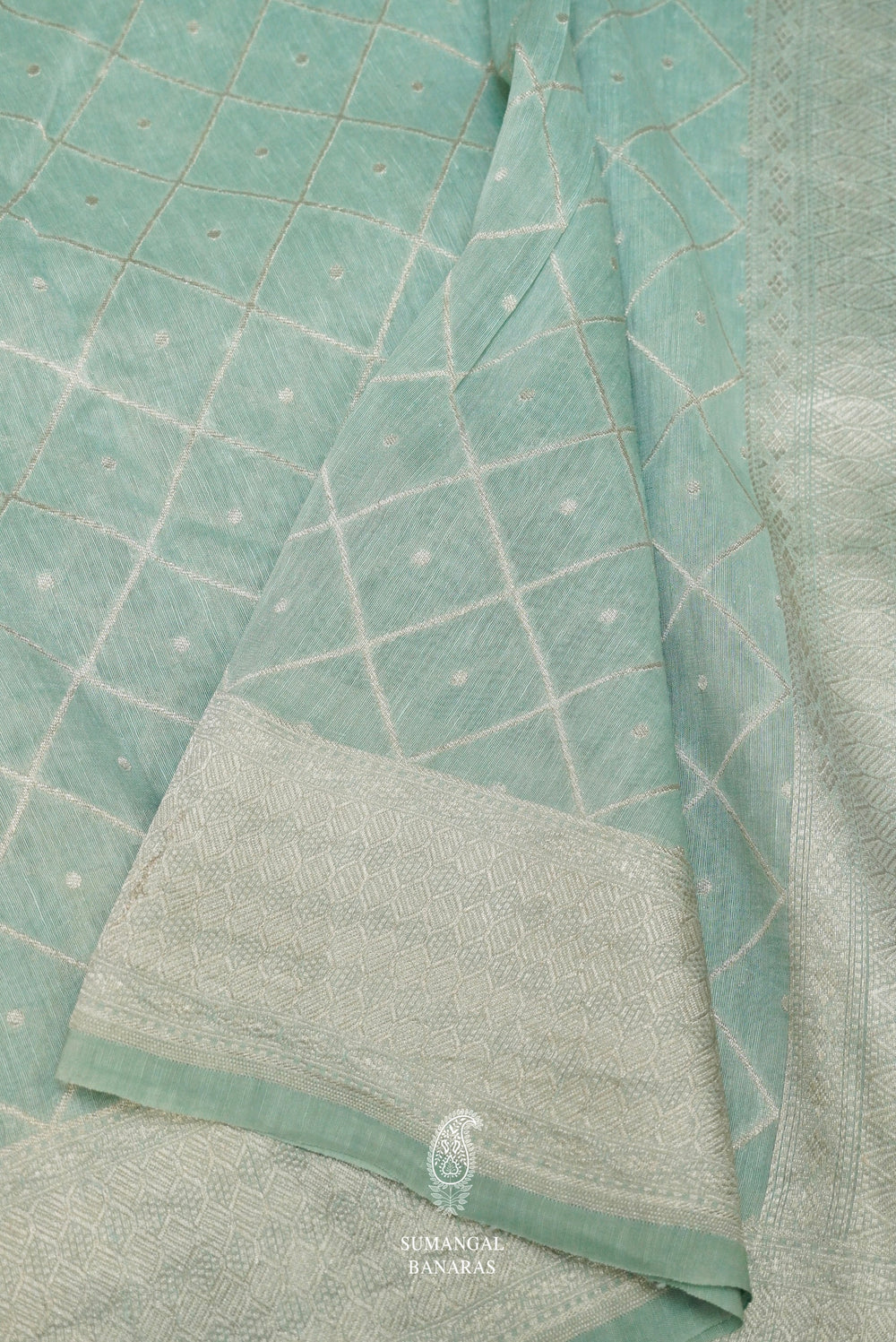 Handwoven Aqua Green Banarasi Linen Saree