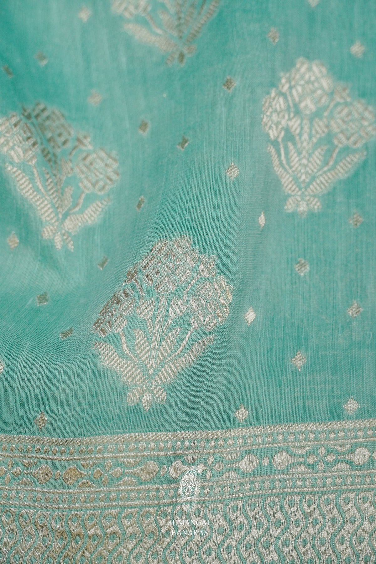 Handwoven Aqua Blue Banarasi Linen Saree