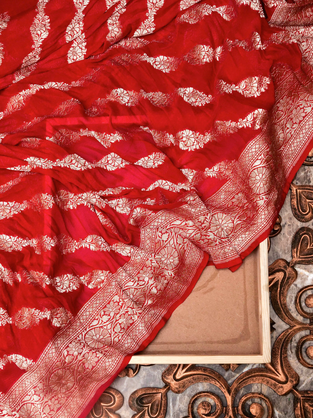 Handwoven Ruby Red Banarasi Georgette Silk Saree