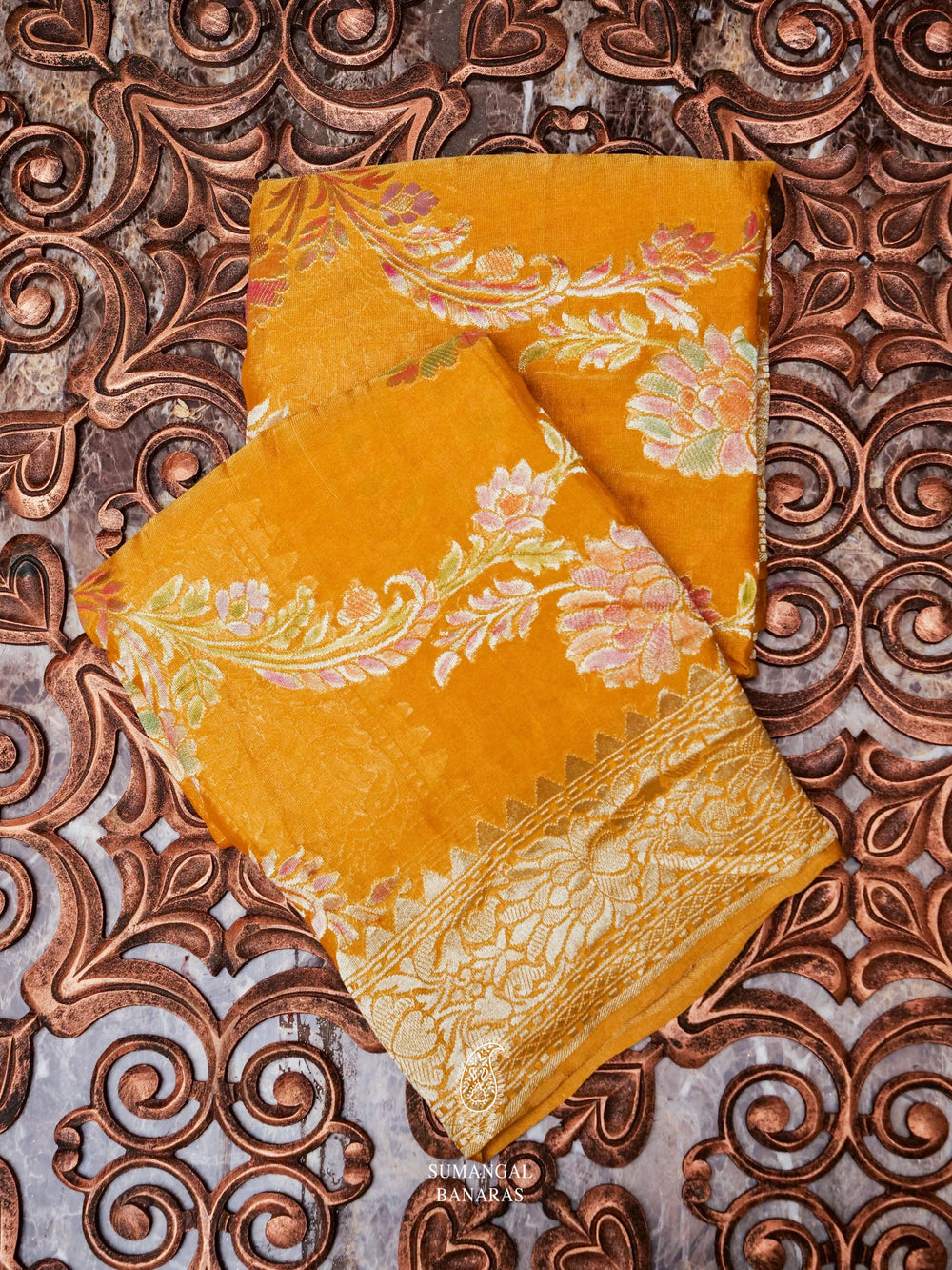 Handwoven Mustard Banarasi Khaddi Georgette Saree