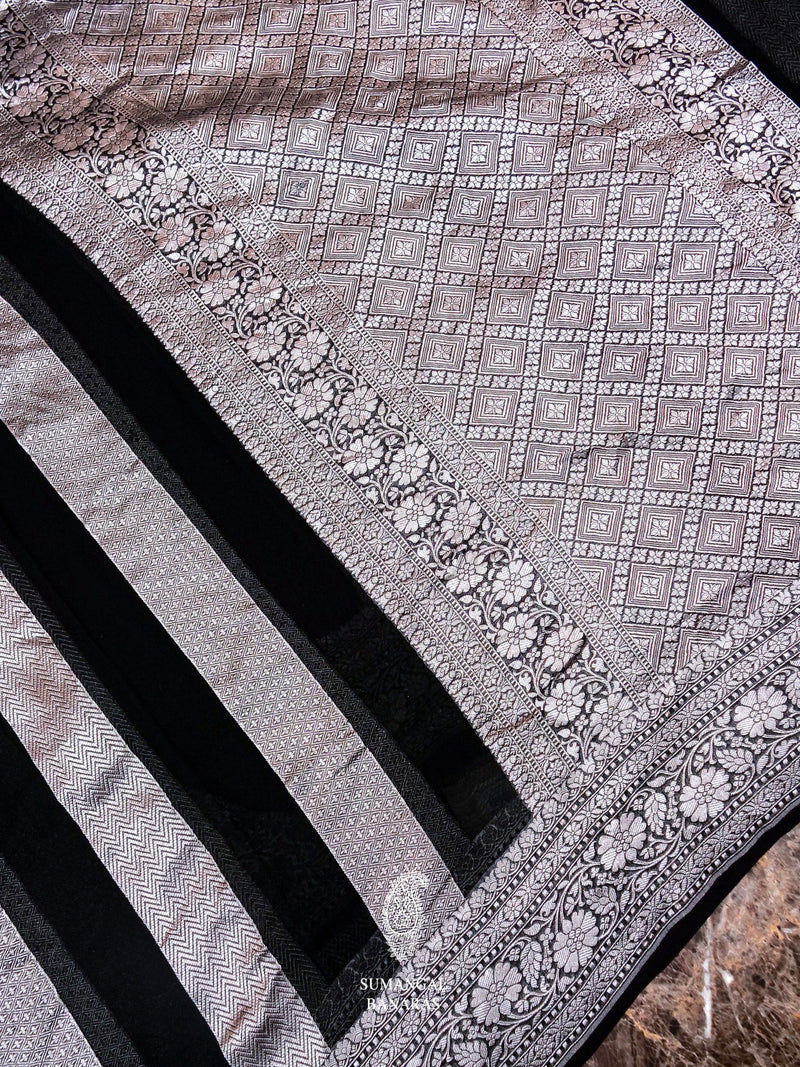 Handwoven Black Banarasi Khaddi Georgette Saree