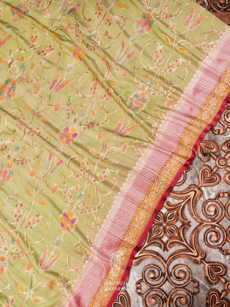 Handwoven Banarasi Yellowish Green Khaddi Georgette Saree