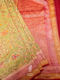 Handwoven Banarasi Yellowish Green Khaddi Georgette Saree