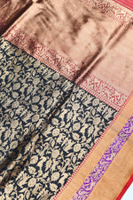 Handwoven Black Shikargah Banarasi Katan Silk Saree