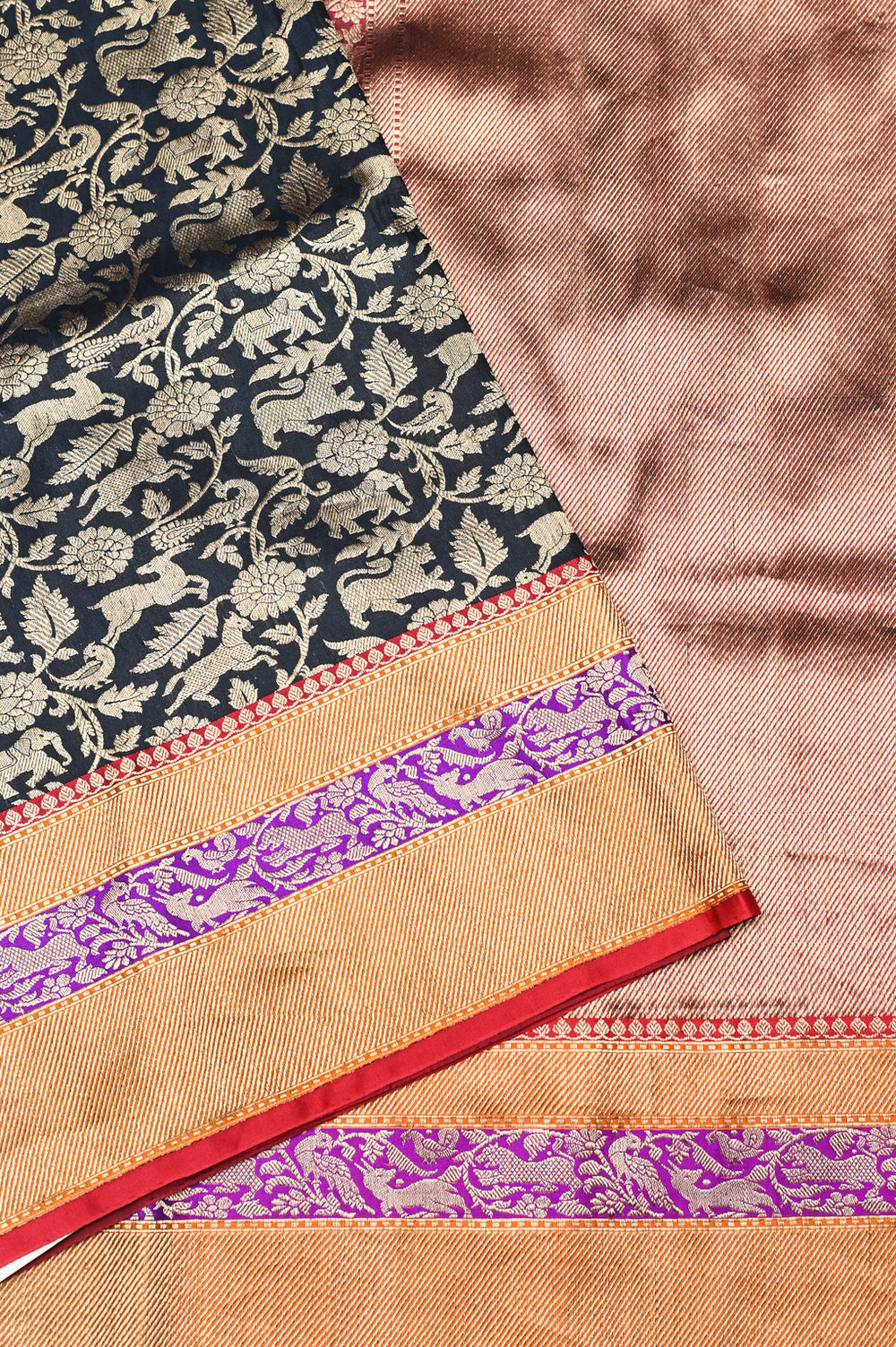 Handwoven Black Shikargah Banarasi Katan Silk Saree