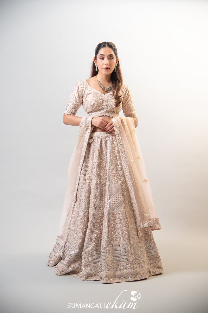Designer Peach Net Party Wear Lehenga