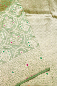 Handwoven Pista Green Meenakari Kadhwa Banarasi Katan Silk Saree