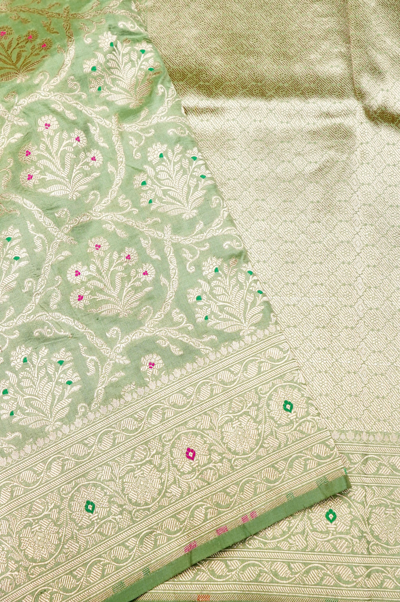 Handwoven Pista Green Meenakari Kadhwa Banarasi Katan Silk Saree