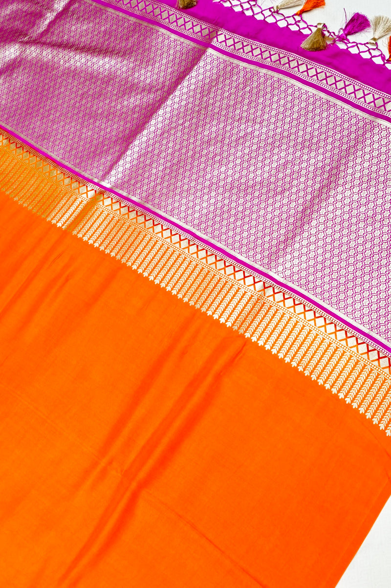 Handwoven Orange Banarasi Moonga Silk Saree