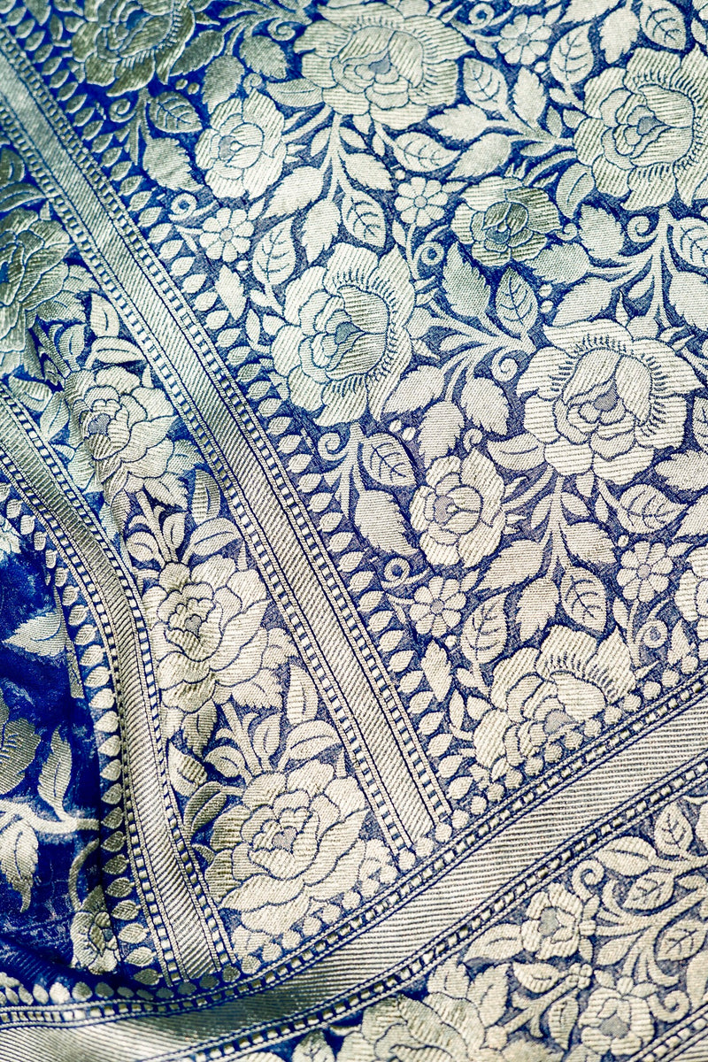 Handwoven Royal Blue Banarasi Khaddi Georgette Saree