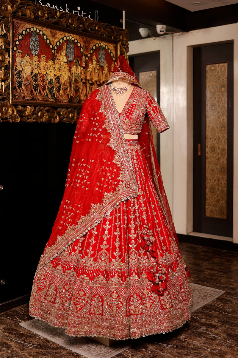 Designer Red Raw Silk Bridal Lehenga