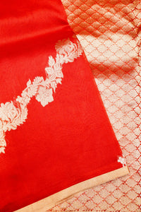 Handwoven Brick Red Banarasi Organza Saree