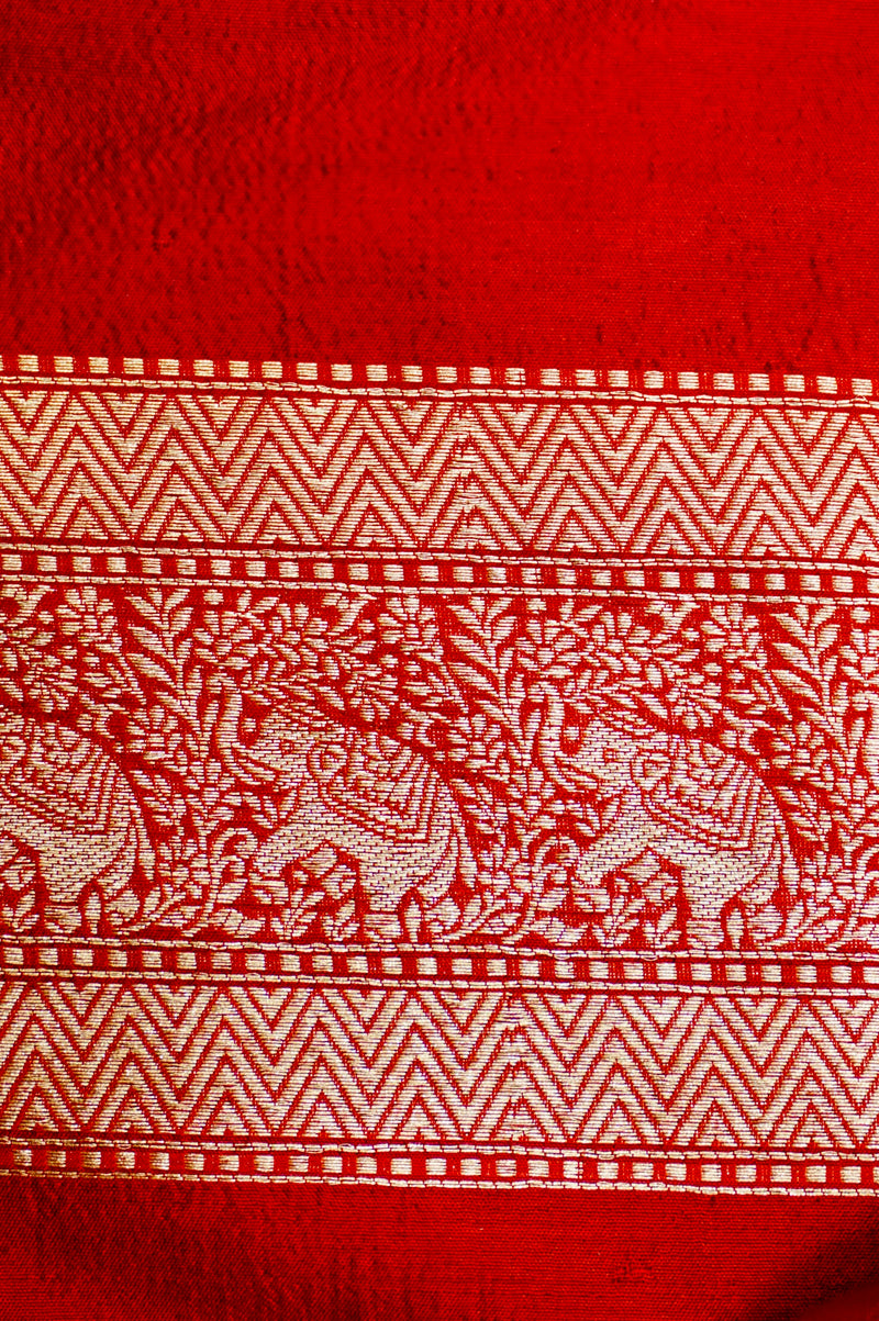 Handwoven Red Shikargah Banarasi Katan Silk Saree