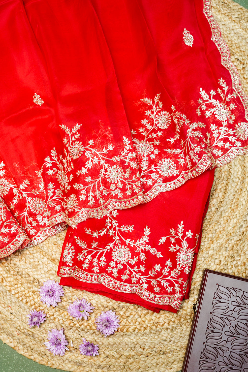 Designer Tomato Red Kora Silk Suit